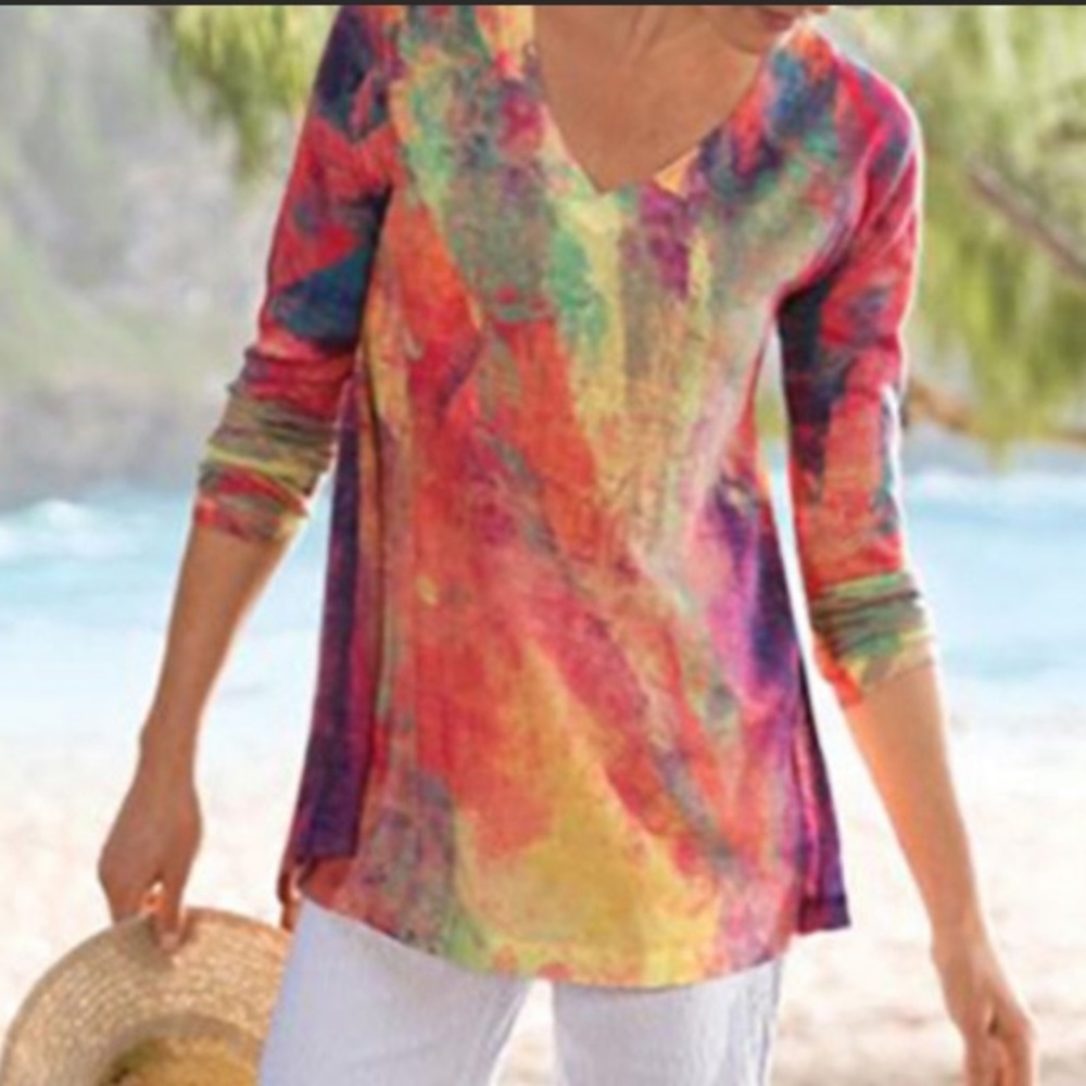 Soft Surroundings Plein De Couleurs Knit V-Neck Top Colorful Orange, Small